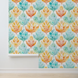 Tangerine Turquoise Abstracte Bloemen Behang
