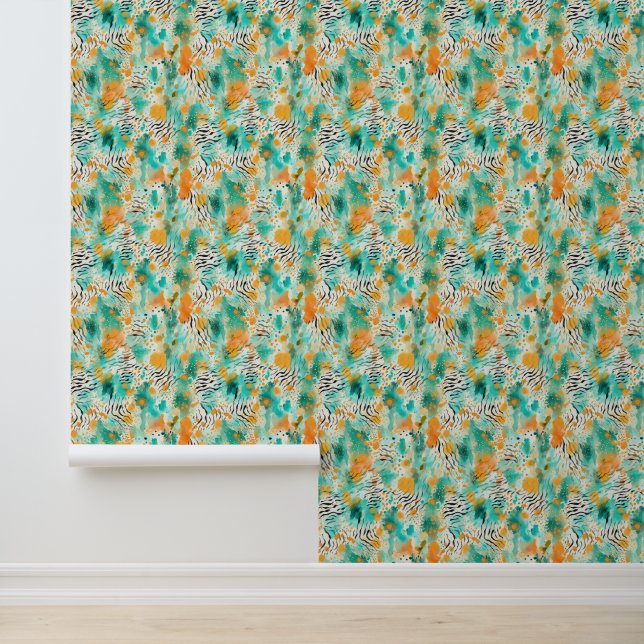 Tangerine Turquoise Blauwgroen Abstract Zebra Anim Behang (Applicatie)