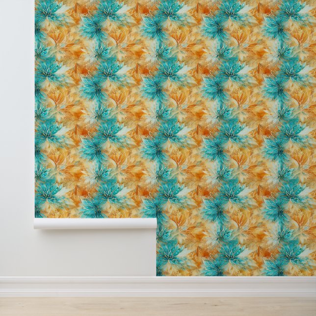 Tangerine Turquoise Blauwgroen Abstracte bloemen Behang (Applicatie)