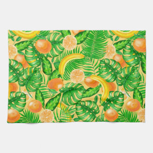 Tangerines, bananen en tropische bladeren theedoek