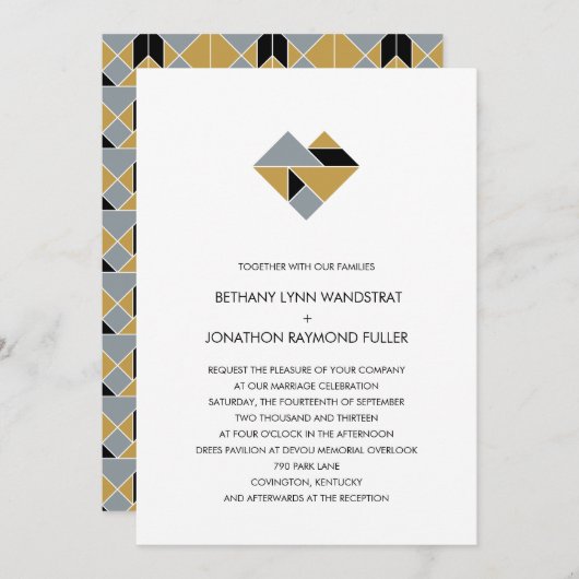 Tangram Heart Faire-part de mariage Black Gold Sil (Devant / Derrière)