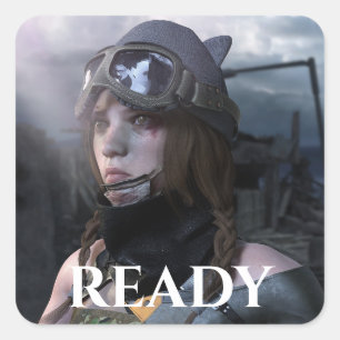 TANK GIRL MET "READY" ONDERNEATS VIERKANTE STICKER