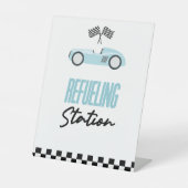 Tankstation Blauw Race Auto Drink Tafel Reclamebord Met Voetstuk (Voorkant)