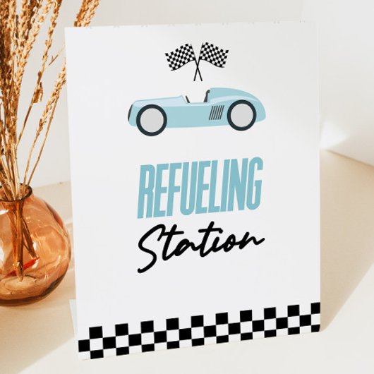 Tankstation Blauw Race Auto Drink Tafel Reclamebord Met Voetstuk