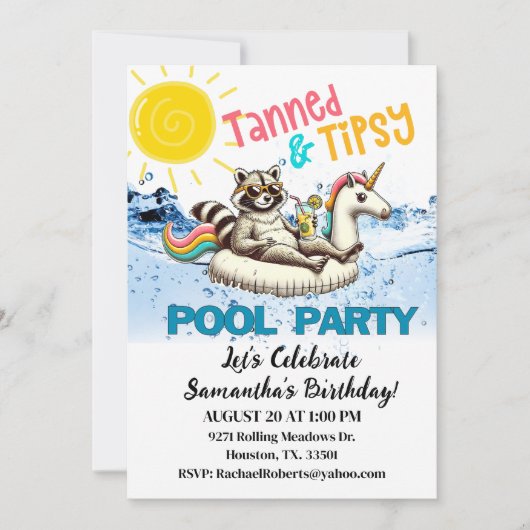 Tanned & Tipsy Raccoon Birthday Pool Party Kaart (Voorkant)
