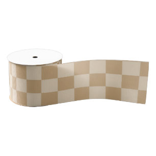 Tannenzand en Crème Schachbrett Motief Zachte Neut Grosgrain Lint