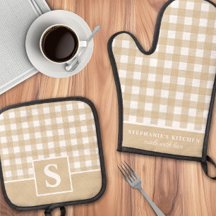 Tannige en witte geruite monogram geblokt ovenwant & pannenlap set