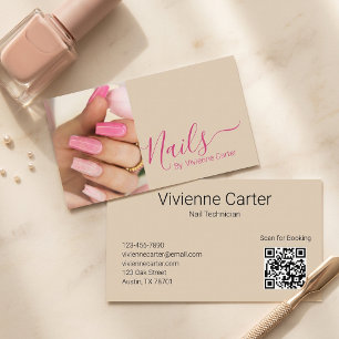 Tannige Fuchsia Roze Script Foto Nagelstylist QR C Visitekaartje
