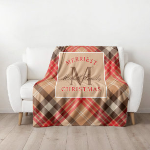Tanzilrode Tartan Gelukkig Kerstmis Monogram Fleece Deken