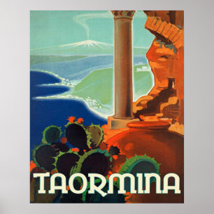 Taormina, landschap, Italië, oud poster