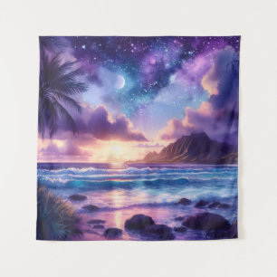 Tapestry Paarse Sunset Tropical Beach Moon Art Wandkleed