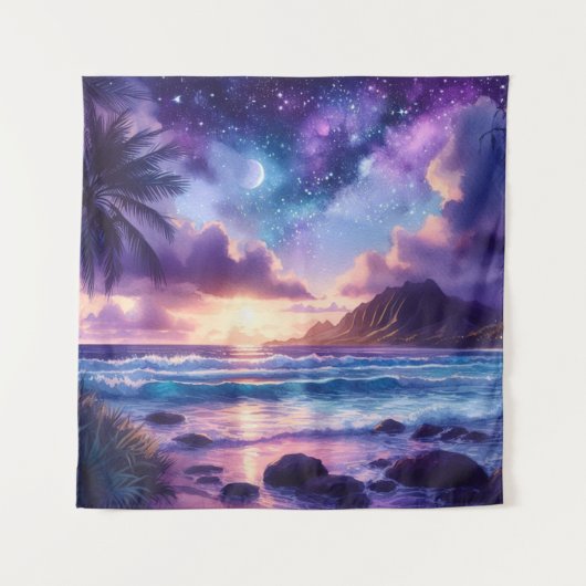 Tapestry Paarse Sunset Tropical Beach Moon Art Wandkleed (Voorkant)