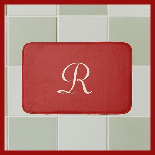 Tapis de bain à peluche monogramme rouge et crème