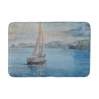 Tapis de bain à voilier aquarelle bleu doux