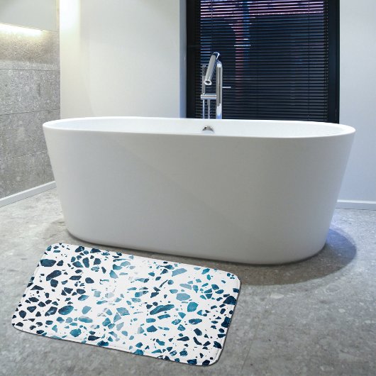 Tapis De Bain Abstrait Terrazzo Mosaic Marine et Motif bleu clai