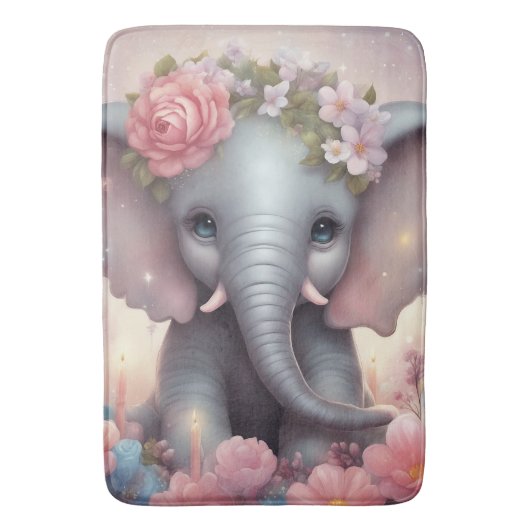 Tapis De Bain Adorable bébé éléphant avec fleurs (devant Vertical)