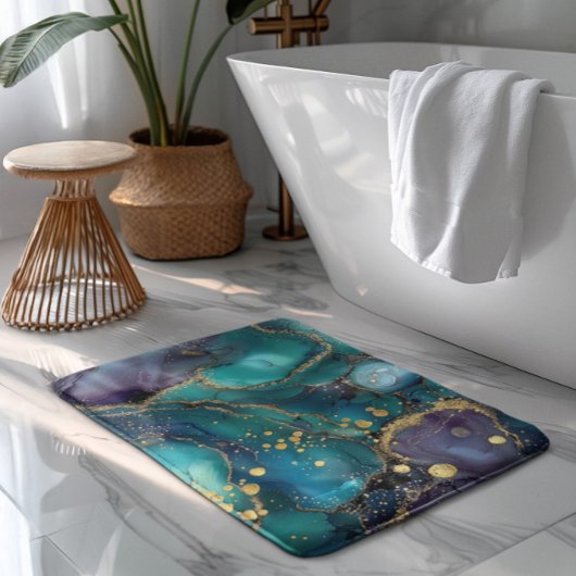Tapis De Bain Aesthetic Turquoise & Gold Flowing Marble