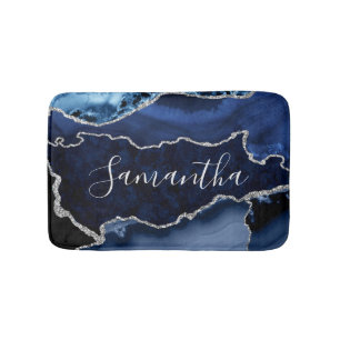 Tapis De Bain Agate Marbre Paillettes Bleu et Faux Argent