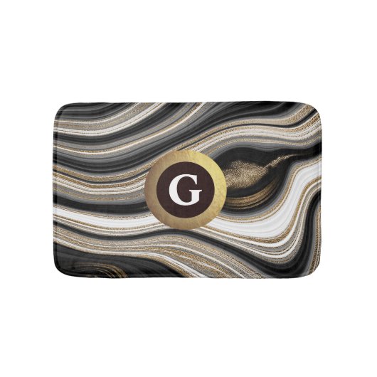 Tapis De Bain Agate noir blanc et or fluide monogramme (Devant)
