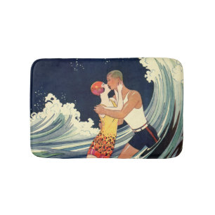 Tapis De Bain Amants Art Déco vintage s'embrassent dans les vagu