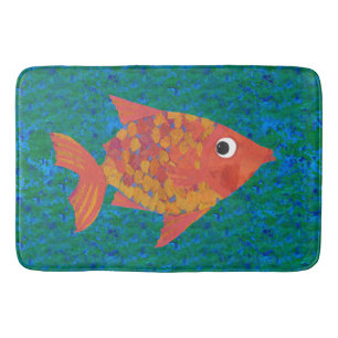 Tapis De Bain Amusant Bright Orange Jaune Cuisine Poisson sur Bl