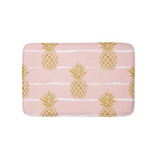 Tapis De Bain Ananas en or, Arrière - plan d'été rayé. (Devant)