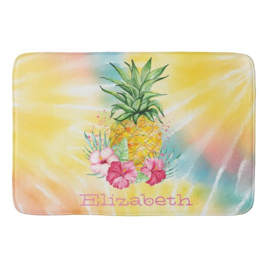 Tapis De Bain Ananas, Hibiscus aquarelle Rainbow Tie Dye (Devant)