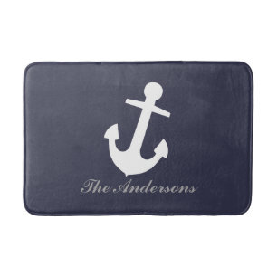 Tapis De Bain Ancre blanche sur fond bleu marine, nautique perso