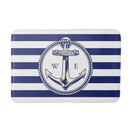 Tapis De Bain Ancre nautique Bleu marine Rayures (Devant)