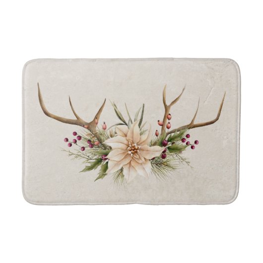 Tapis De Bain Antique Blanc Élégant Poinsettia & Antlers (Devant)
