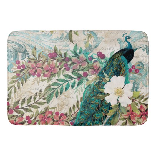 Tapis De Bain Antique Peacock Illustré & Fleurs Grunge (Devant)