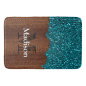 Tapis De Bain Aqua bleu étincelle bois brun rustique Monogramme (Devant)