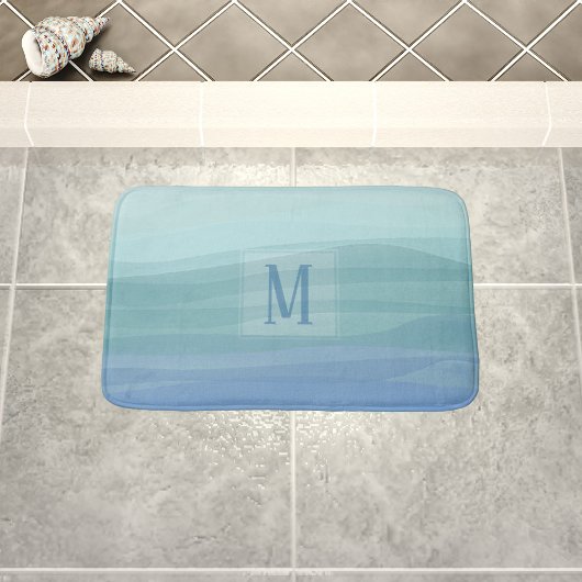 Tapis De Bain Aqua Blue Aquarelle Waves Monogramme Mat de bain