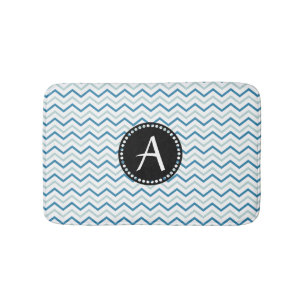 Tapis De Bain Aqua Blue & white Chevron zigzag Patter Monogramme