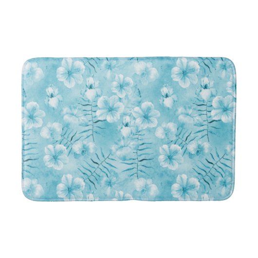 Tapis De Bain Aqua tropical Orchidées blanches Hibiscus Floral (Devant)