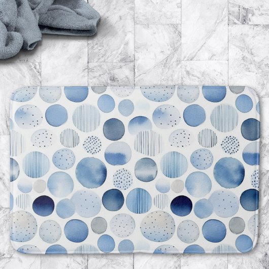Tapis De Bain Aquarelle bleu Abstrait Cercles blancs Motif