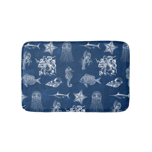 Tapis De Bain Aquarelle bleu marine Océan Animaux marins (Devant)