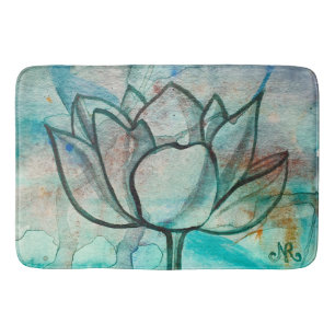 Tapis De Bain Aquarelle bleu turquoise Fleur élégant Artsy Lotus
