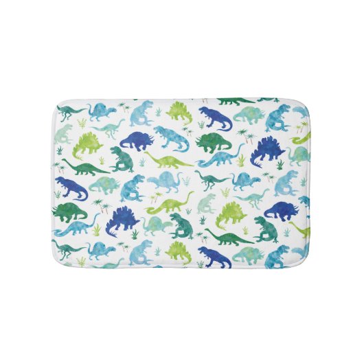 Tapis De Bain Aquarelle bleu vert Dinosaur Silhouette Kids (Devant)