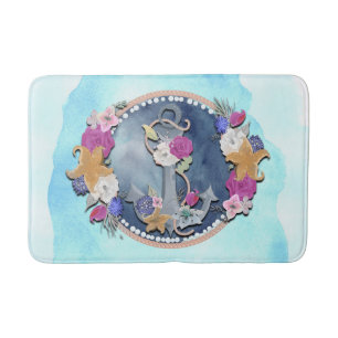 Tapis De Bain Aquarelle bleue Ancre florale marine moderne