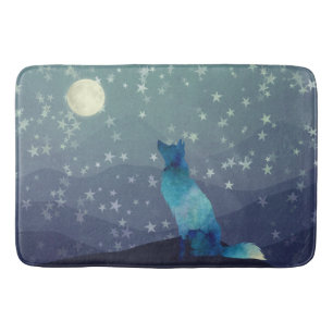 Tapis De Bain Aquarelle bleue Regardez Wolf Stopper sur la lune