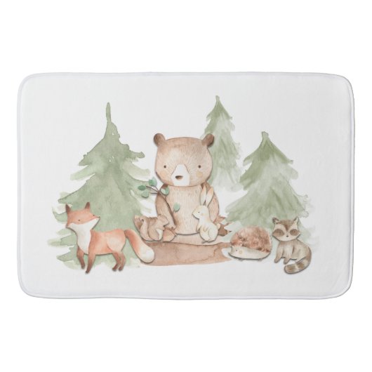 Tapis De Bain Aquarelle Bois Forêt Animaux Petits Enfants (Devant)