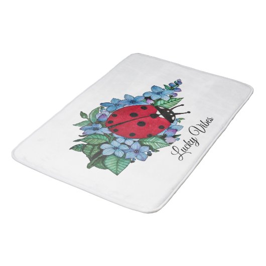Tapis De Bain Aquarelle Cute Ladybird Avec Fleurs Bleues Sauvage (Angle)