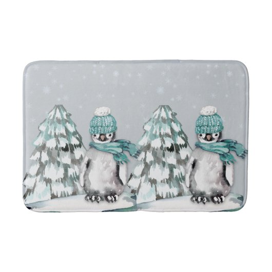 Tapis De Bain Aquarelle Cute Pingouin Noël Pine Arbre (Devant)