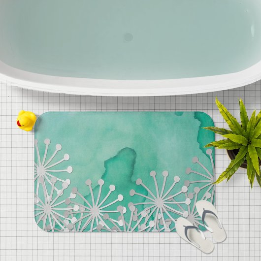 Tapis De Bain Aquarelle de menthe et fleurs blanches
