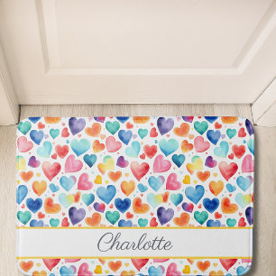 Tapis De Bain Aquarelle du coeur Colorée mignonne Amour Nom pers