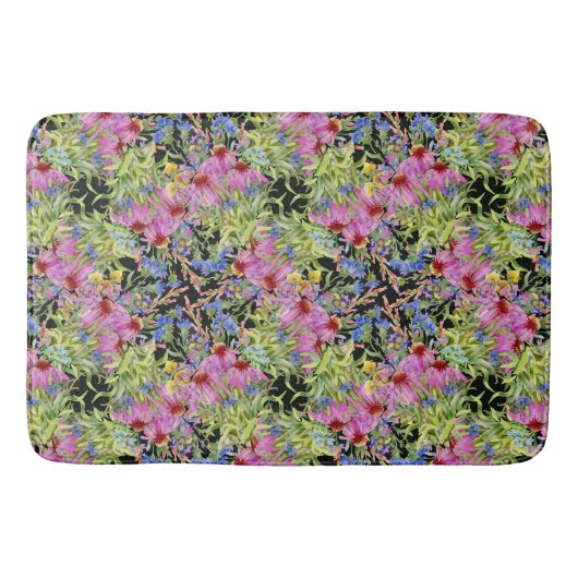 Tapis De Bain Aquarelle Florale motif jaune vert rose (Devant)