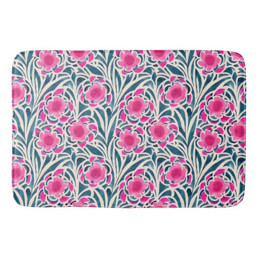 Tapis De Bain Aquarelle inspirée rose + bleu Botanique Floral (Devant)