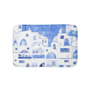 Tapis De Bain Aquarelle moderne Santorin Grèce île