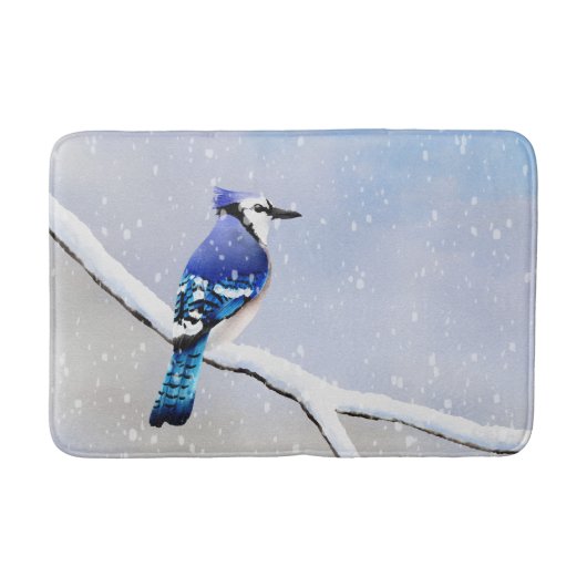 Tapis De Bain Aquarelle Oiseau de neige d'hiver Jay bleu (Devant)